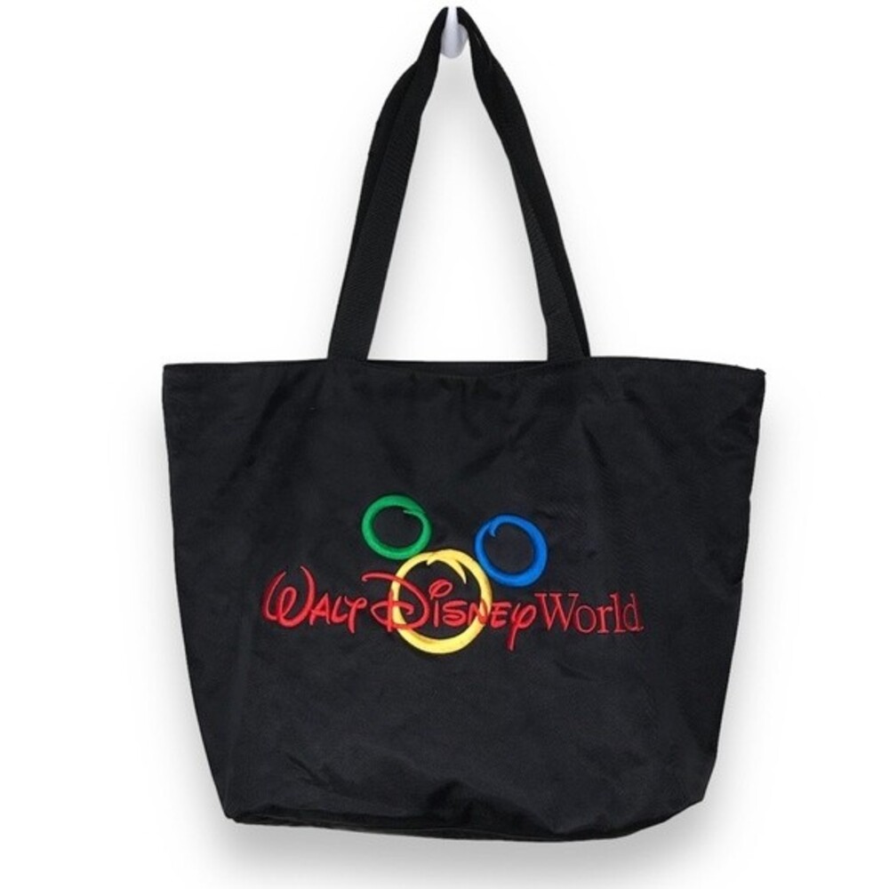 Walt Disney World Embroidered Mickey Mouse Head Outline Black Tote Bag Top Zip